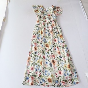 百搭A字长裙C8M 背心花色连衣裙圆领松紧腰腰带收腰时尚 夏季 女长款