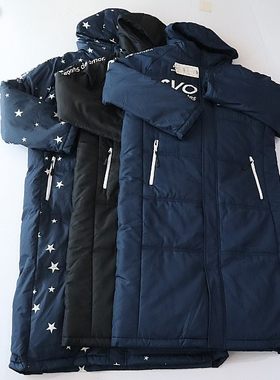 秋冬季新品女长款长袖棉服外套连帽拉链暗扣宽松印花薄款棉衣X15