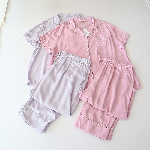 春夏秋季女家居服短袖西服领纽扣衬衫睡衣松紧腰宽松直筒睡裤F8