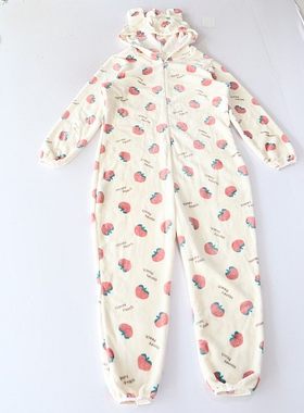春秋季女长袖法兰绒连身衣连帽拉链宽松居家服连体束脚长裤F7