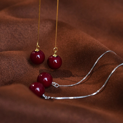 朱砂925银耳饰复古酒红色珠珠耳线清新ins百搭长款耳坠转运珠耳饰