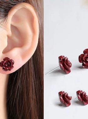 保真正品朱砂耳钉朱事顺意国风一路生花玫瑰花耳钉耳线耳饰品