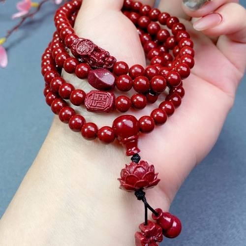 朱砂福牌莲花转运珠单貔貅绕手四圈手串卡6mm108手串送礼送闺蜜