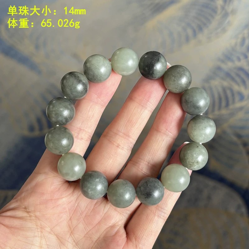 14毫米青白玉底青花籽料圆珠手串