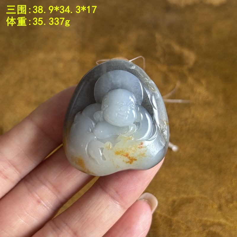 三色青花籽料笑佛挂件福在眼前