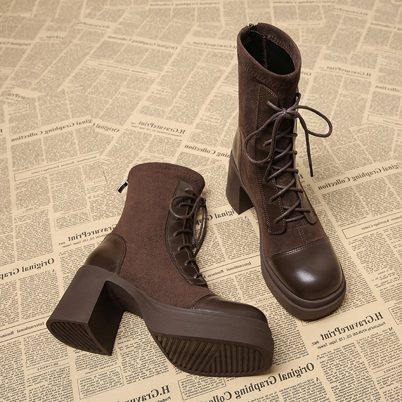 英伦马丁靴女冬季真皮透气2025新款真皮粗跟高跟鞋小个子增高短靴,女鞋,时装靴,淘宝优惠券,粉丝福利购,淘宝优惠卷