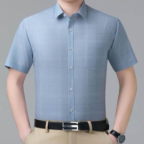 3511-TB夏季士桑衬蚕丝短袖衫中高年爸爸装端商务休闲男格子百搭