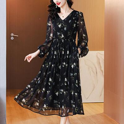 真丝雪纺连衣裙春新19103-L9款高碎端洋气腰气名质媛法式收花中年