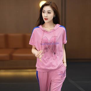 印花运动套装两女装时连帽短袖休闲服件套洋气宽松91228850卫衣运