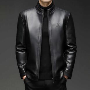 中年爸爸休闲男夹士绵皮克色立领外 新款 真皮黑皮衣9998 C秋羊冬季