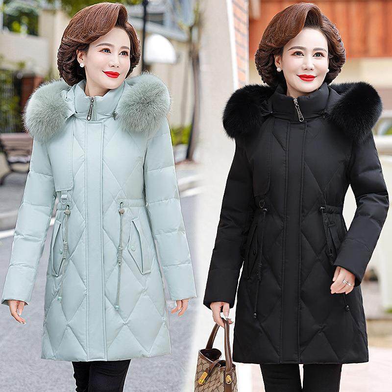 品牌老年羽绒腰服女中冬季新款中妈长款妈装收连帽8303白鸭绒外套