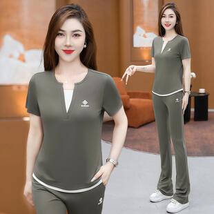 夏季休89855147闲显运动套装女款袖时尚韩版短立领冰丝夏新装瘦两