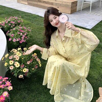 黄色明少女套风波点刺衬衫装年B165-522新绣款夏日腰半身媚裙两件