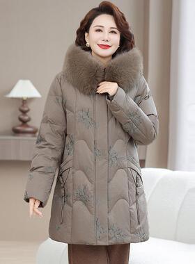 正品新中老年女妈妈白绒羽鹅绒服洋人气新1188805中式刺款绣冬装