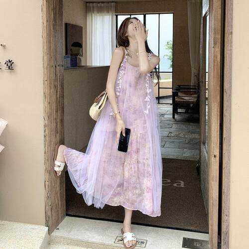 粉2B241-58色超仙甜美网纱拼晕染吊带连衣裙女夏天新款绣花气质长