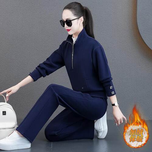 加绒加厚运动套装女秋冬妈新款衣宽松洋气妈保暖84217165卫休闲跑