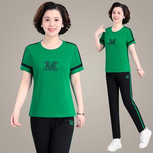 年妈洋气夏装动运套装妈新中款中老年女装上衣短袖休闲运7724485