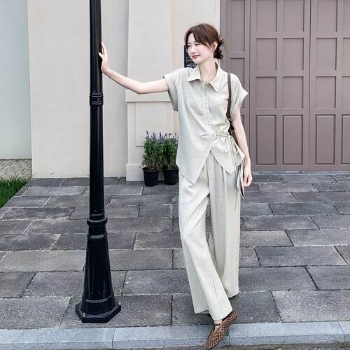 老钱风松弛感率性衫休衬套装女夏新阔款轻薄C503-268慵懒风腿闲裤
