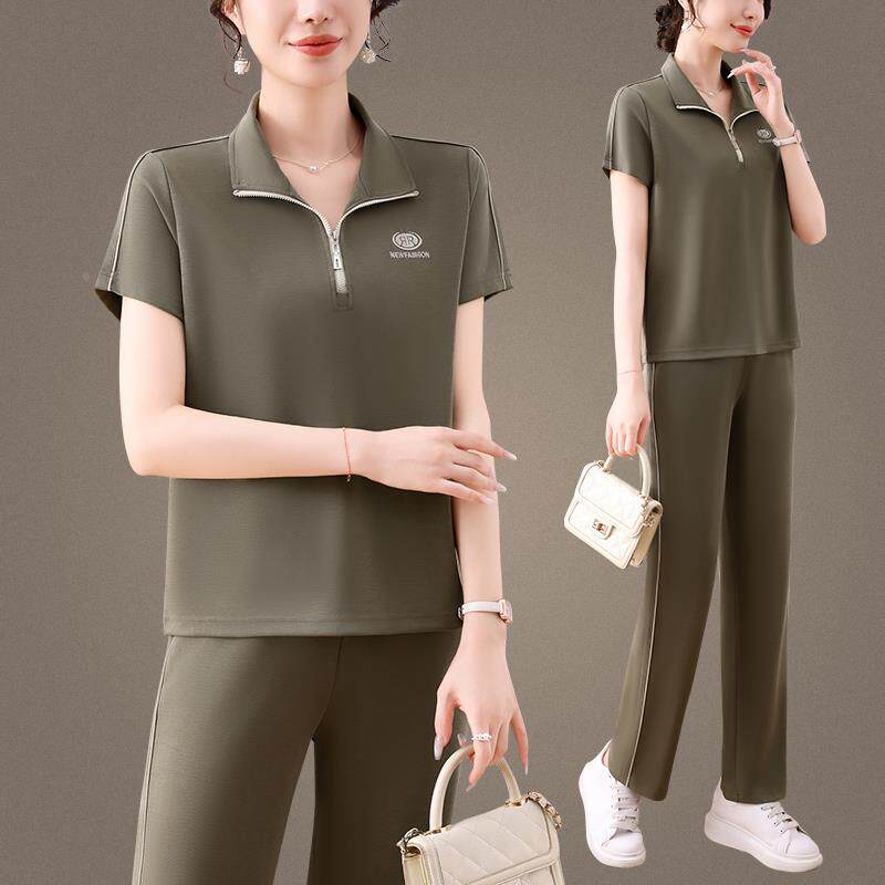 冰丝休闲运动装款90580655女夏气季薄款新时尚洋短袖大码跑步两件