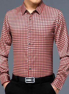 长春秋季新款中青年男士丝光棉衬袖子衫08-LL时尚休闲爸爸装格衬