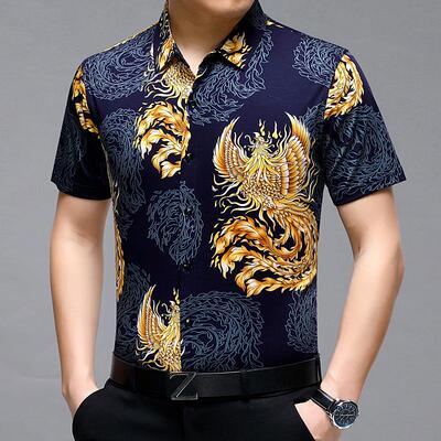 夏新品印花短袖桑休蚕丝衬衫季碎花时流尚闲免烫21107-T中青年男