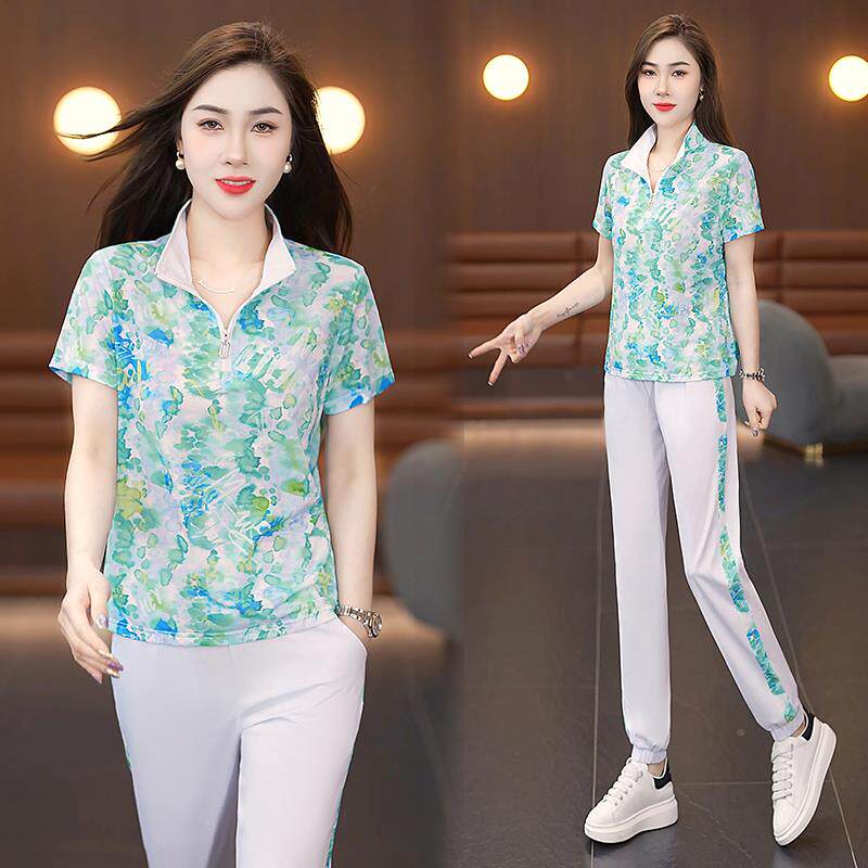 立洋气花冰丝8972650运服套装女印夏季领时尚年动新款休闲大码两