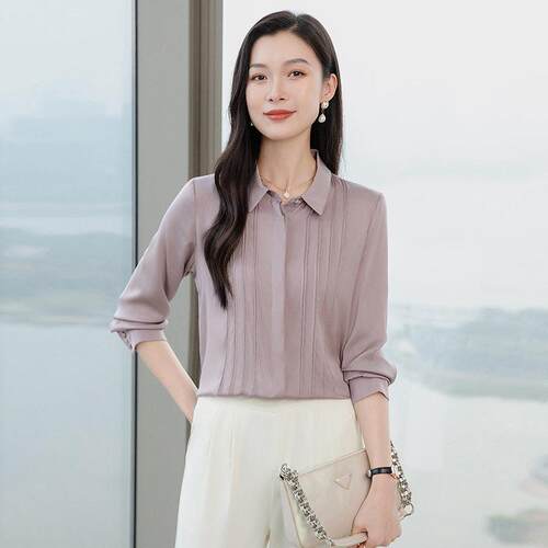 真丝长衫女袖春装新款纯宽松显瘦褶皱A627-02色桑衬蚕丝上衣
