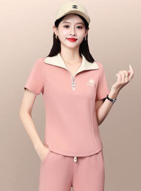 运动闲套装女夏装新款时尚洋气女休士领短袖长跑裤步两72108927翻