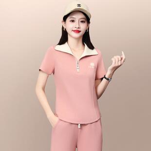 运动闲套装女夏装新款时尚洋气女休士领短袖长跑裤步两72108927翻
