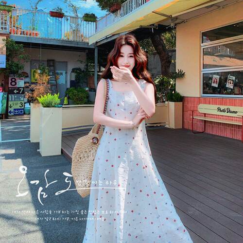色白韩带系龄C327-661撞色绣设花吊连衣裙女夏季新款计感漂亮掐腰