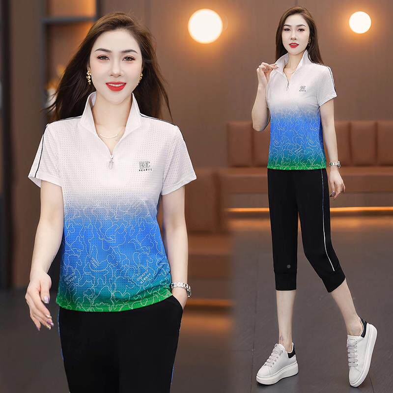 运休动套装女年夏季新款时尚瘦花色减龄89751725显丝闲跑步服冰两