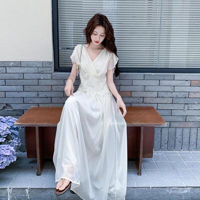 米白色法式领小丝飞C131-739袖衣裙腰女夏季蕾刺绣收气连质显瘦长