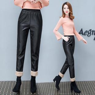 加绒真皮皮裤韩女哈伦88681松裤秋分冬新款版高腰宽九萝卜裤小脚