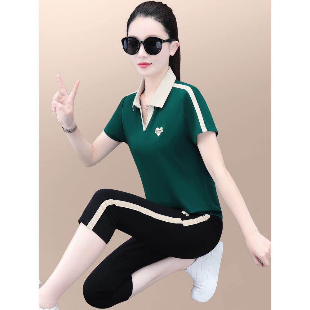 运动服套装女夏季新款洋气领显瘦翻短跑袖七闲分裤72166153休步两