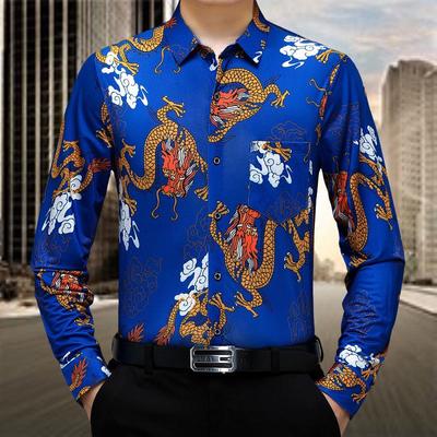 季男装秋上衣男中年弹力免烫长士袖衬衫爸爸装印花花龙A670-LL纹