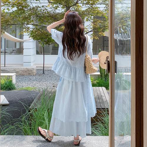 蓝色装甜C293-Q93美小清新套女夏季新款荷边刺绣上浅衣半身裙两叶
