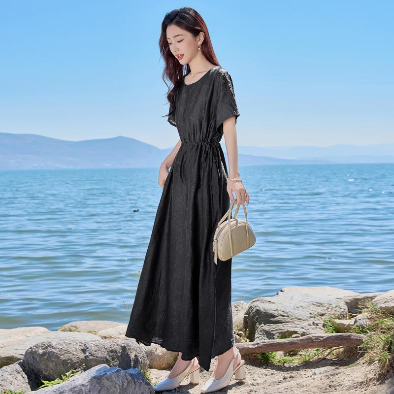 袖提花连衣裙女薄款季新短款码女装收腰显瘦气质夏ZYUAN829长款裙