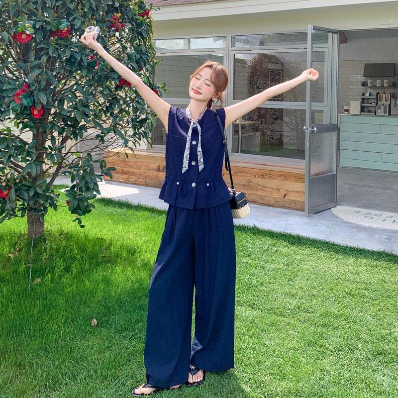 设计感套时尚印花丝巾休闲女夏季新装D148-265款收腰马件甲阔腿裤