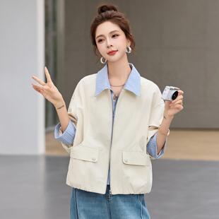 ZMENG594翻领短款外套春秋新小个女子尚条时纹拼接洋气减龄宽松款