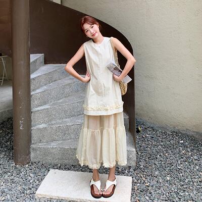 米杏色木耳边网拼众接心背连衣裙女纱夏日新D107-801款小设计显瘦