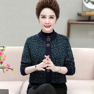 女冬季新款式870-QB妈羊绒中衫老年圆领妈开衫提花加厚保暖毛衣外