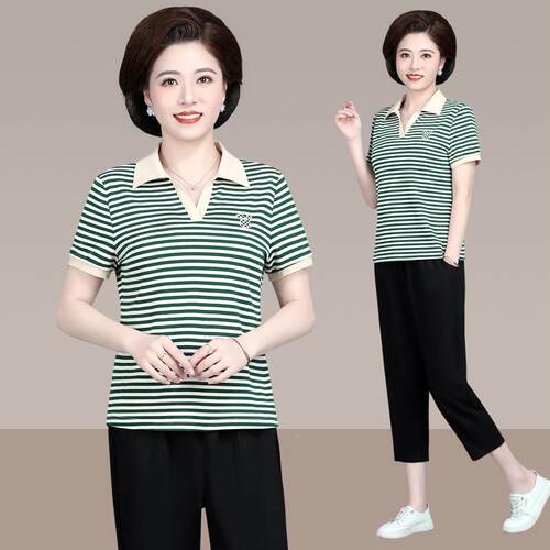 中年两妈妈夏装件77353076套恤中老年人休套装女闲春夏季短袖上衣
