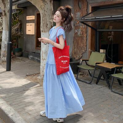 蓝膝色法式浪漫泡泡袖2B181-81连衣气裙字女中长款夏新款显瘦质过