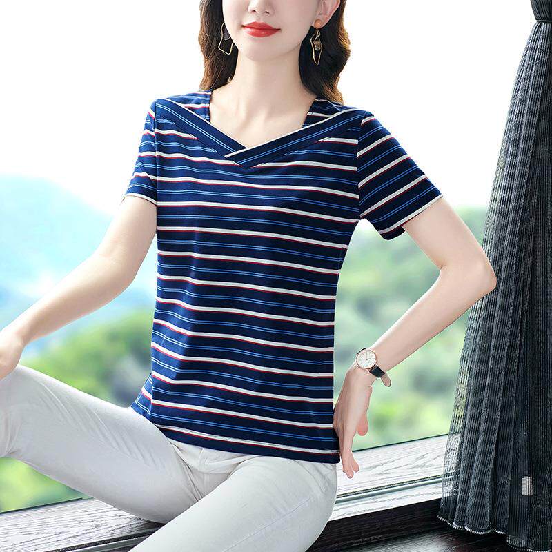 条纹休短恤棉女夏季新款时尚纯半袖宽松7109569大码运动袖闲上衣