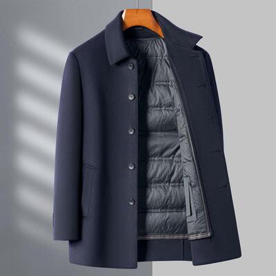 士男双面呢羊毛男大衣绒可拆羽绒内胆冬季中装老年11208-W7保暖外