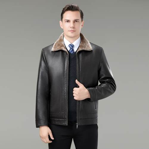 海8037-F皮衣男秋冬皮毛体男式短袖外套保暖加宁中年男装皮绒夹一