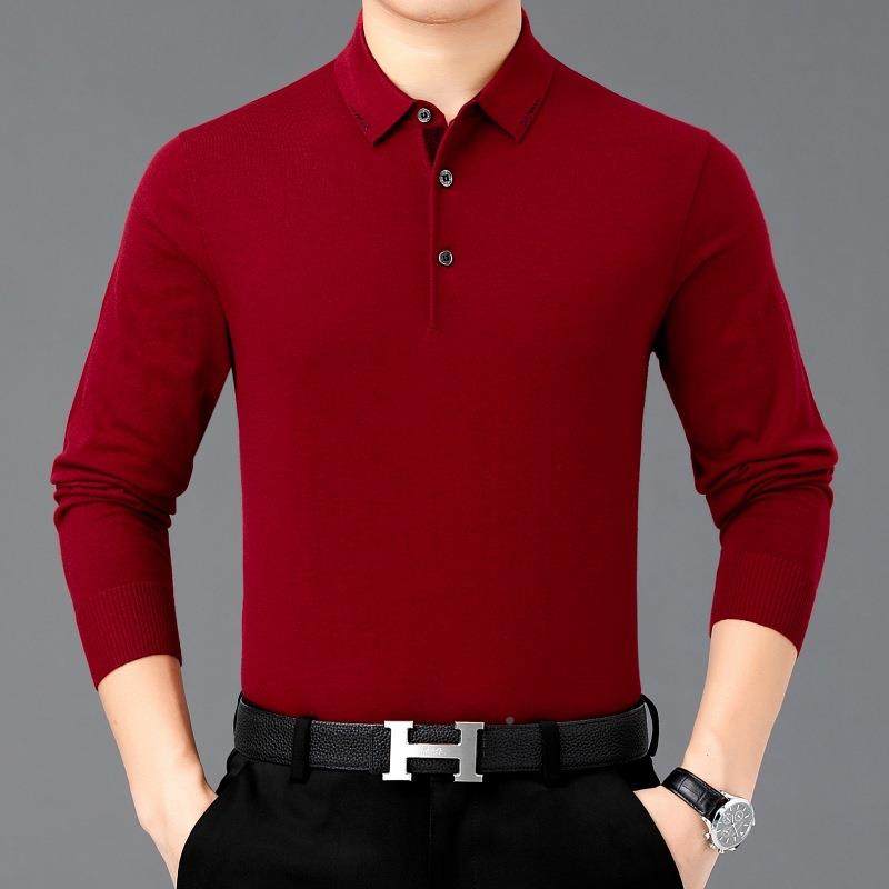 8877-LK底春秋新款男士长袖恤羊绒中年男装纯务色商薄款羊毛打衫