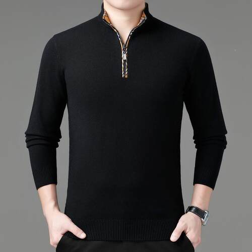 冬装羊绒衫中年男士头拉厚秋链领8112-B+休闲毛衣款保暖羊套毛衫