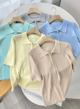 档口清仓 韩版短款薄款拉链翻领针织衫 短袖T恤