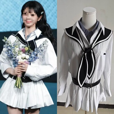 2026春田曦薇同款白色细格纹双领长袖低腰衬衫连衣裙短裙两件套